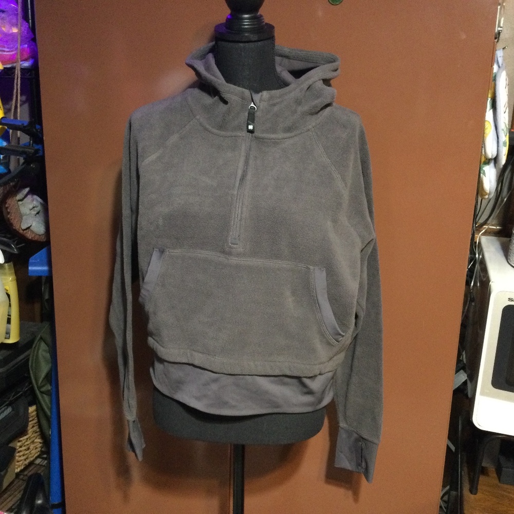 FLX Fleece Sweatshirt: Size medium.Hooded & cropped w/satin trim grayish purple